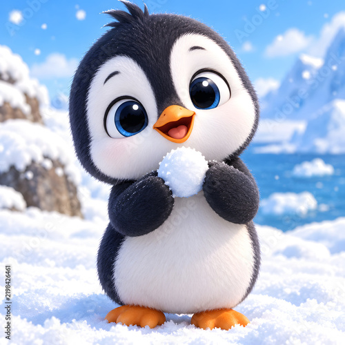 Adorable Cartoon Penguin Holding a Snowball in a Snowy Winter Landscape