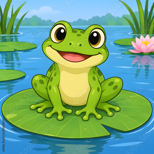 Cute Green Cartoon Frog Happily Sitting on a Lily Pad in a Pond