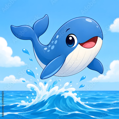 Happy Blue Whale Leaping from Ocean Waves on a Sunny Day