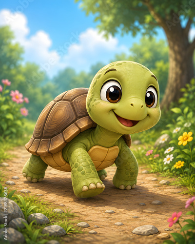 Adorable Cartoon Turtle Character Happily Strolling Through a Vibrant Woodland Path