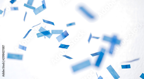 Blue confetti pieces falling down isolated on transparent background