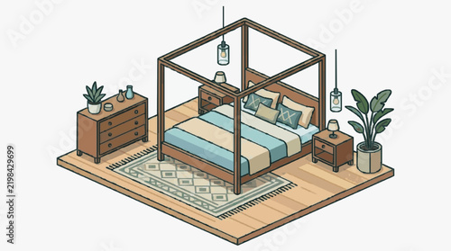 Obraz na płótnie Isometric Bedroom with Canopy Bed and Warm Wooden Furniture Arrangement