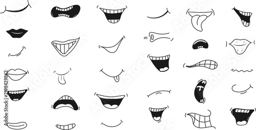 Cartoon mouths displaying a wide variety of expressions, including happy smiles, laughing, showing teeth, sticking out tongue, and angry or sad lips. Isolated black and white vector line art doodles f