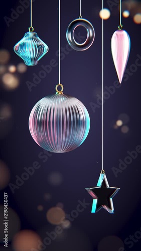 Vertical iridescent christmas ornaments over dark bokeh seamless loop