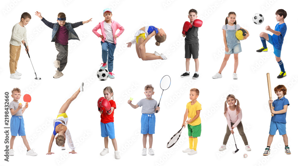 Fototapeta premium Children with various sports equipment, collage of portraits on white background. Classes in different sports