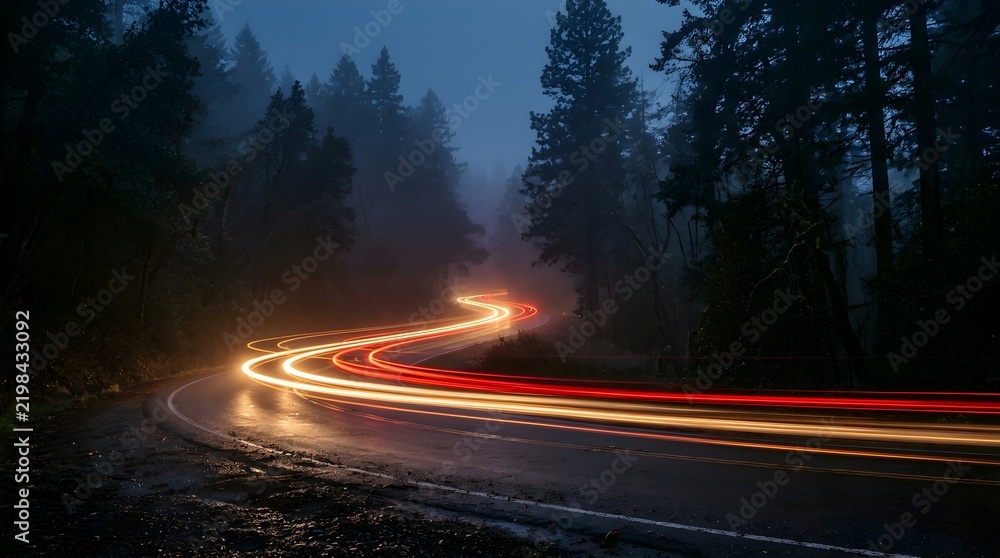 Obraz premium Car Light Trails Curve on a Foggy Forest Road at Night