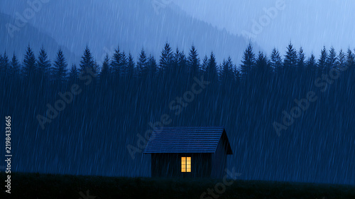 A solitary wooden cabin stands in a dark forest during a heavy rainstorm with a warm glowing light shining from the small window at dusk