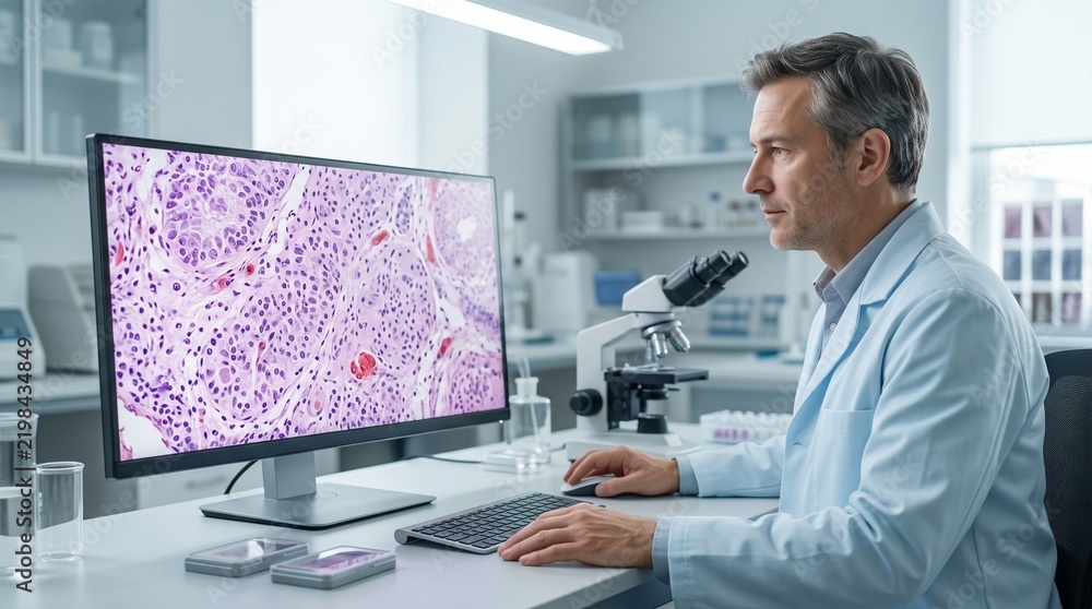 Fototapeta premium Pathologist Reviewing Digital Pathology Images in Modern Laboratory