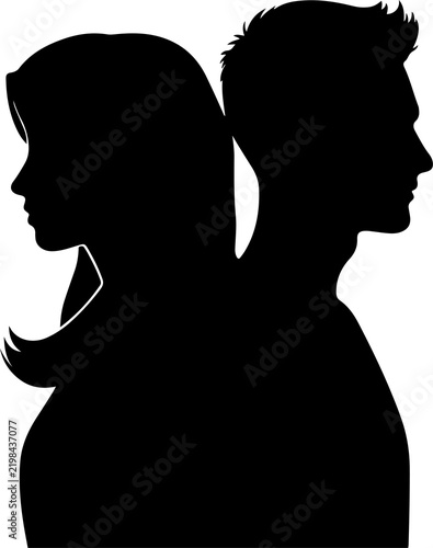 Silhouettes of man and woman separating with broken heart line