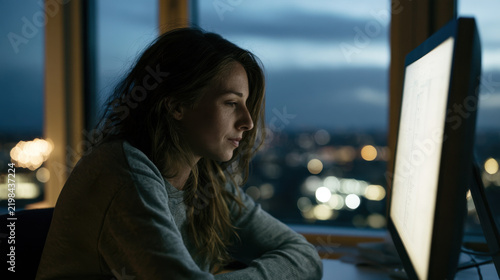 Woman working late at computer in office with city lights at night