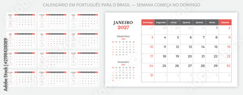 Portuguese calendar for Brazil 2027, sunday start, 12 month planner pages set