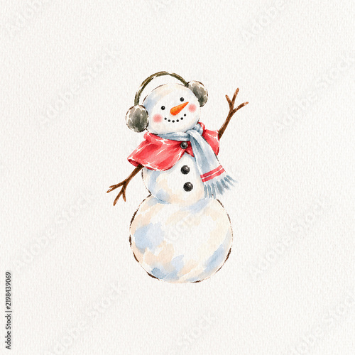 Cute Christmas Snowman Watercolor Illustration, Hand Painted Winter Holiday Character, Festive Seasonal Artwork