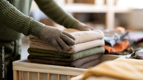 Close up view of person hands in gloves neatly fold warm winter sweaters apparel stack in a rustic retail shop boutique shelf clothing display