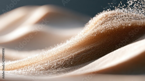 A close-up, abstract view of fine sand dunes, with grains scattering and shimmering in soft light. The textured surface creates a sense of warmth and natural beauty