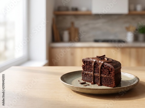 Decadent chocolate cake slice with dripping ganache on a ceramic plate, moist cocoa sponge layer cake, gourmet dessert in a bright modern kitchen