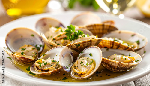 Bowl of clams bulho pato served on a white plate. ai