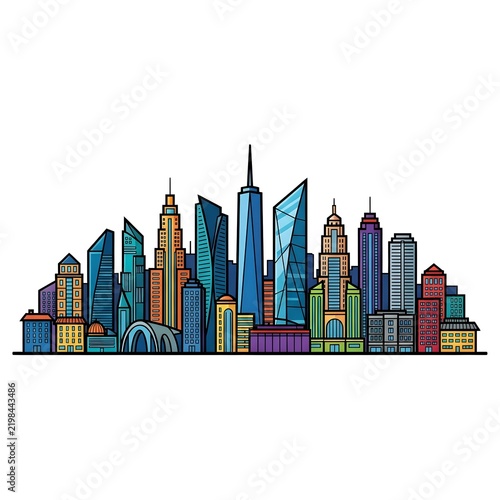 Colorful vector illustration of a modern city skyline. Features detailed skyscrapers, office buildings, and urban architecture in a vibrant flat design style against a white background.
