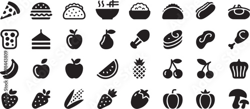 Comprehensive Food and Meal Silhouette Icon Set Featuring Diverse Grocery and Cuisine Elements in Vector Design and Illustration