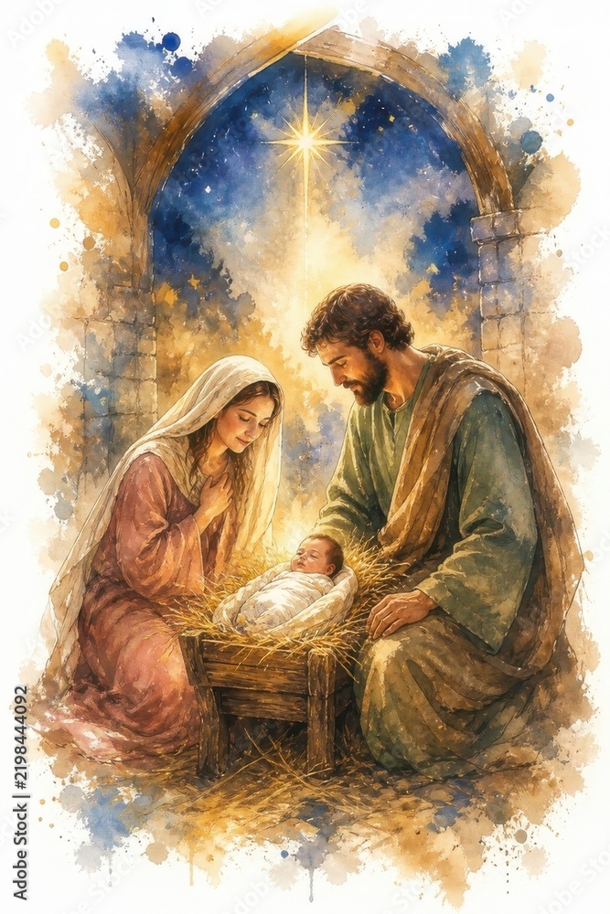 Obraz premium Watercolor Nativity scene with Mary, Joseph, baby Jesus, and star