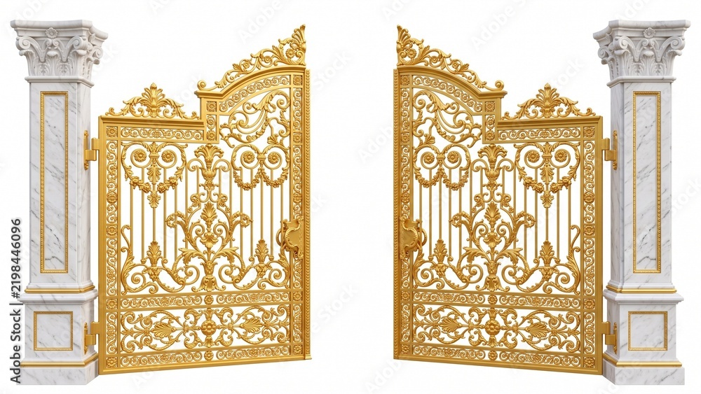 Obraz premium Ornate golden metal gate with intricate scrollwork patterns between majestic white marble pillars on white background