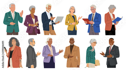 Senior professionals engage in collaborative business activities. They gesture, discuss, and share documents during workplace meetings. Their expressions convey confidence and engagement