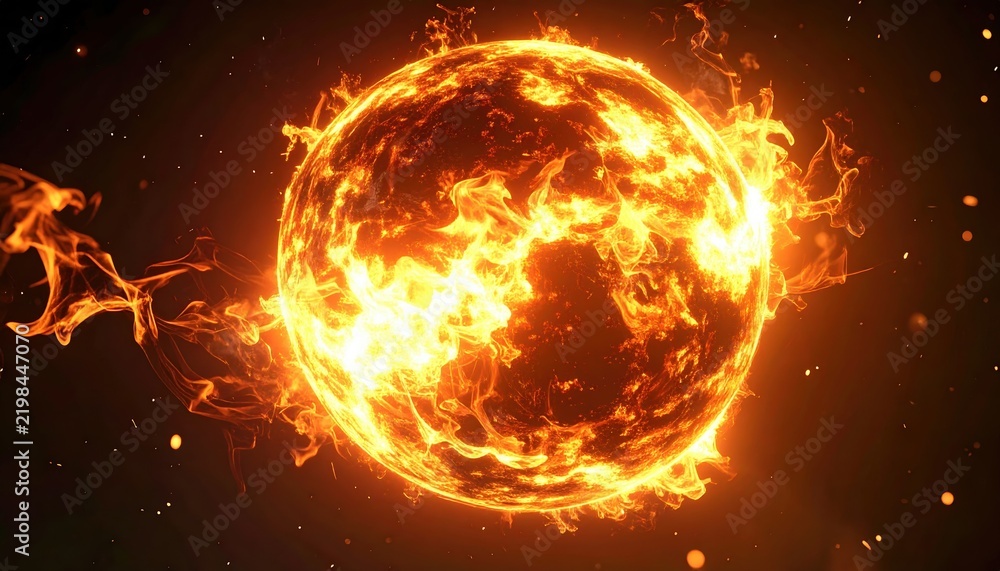 Fototapeta premium Fiery burning sphere emitting intense orange flames and glowing hot sparks in dark space