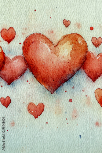 A row of delicate red hearts painted in watercolor style vertical frame