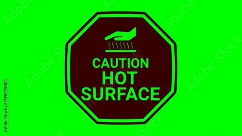 animated caution hot surface warning sign with red flashing light and hand pictogram on a green screen chroma key background for industrial safety projects