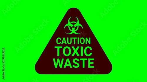 animated triangular caution toxic waste warning sign with biohazard symbol and flashing red light on a green screen chroma key background