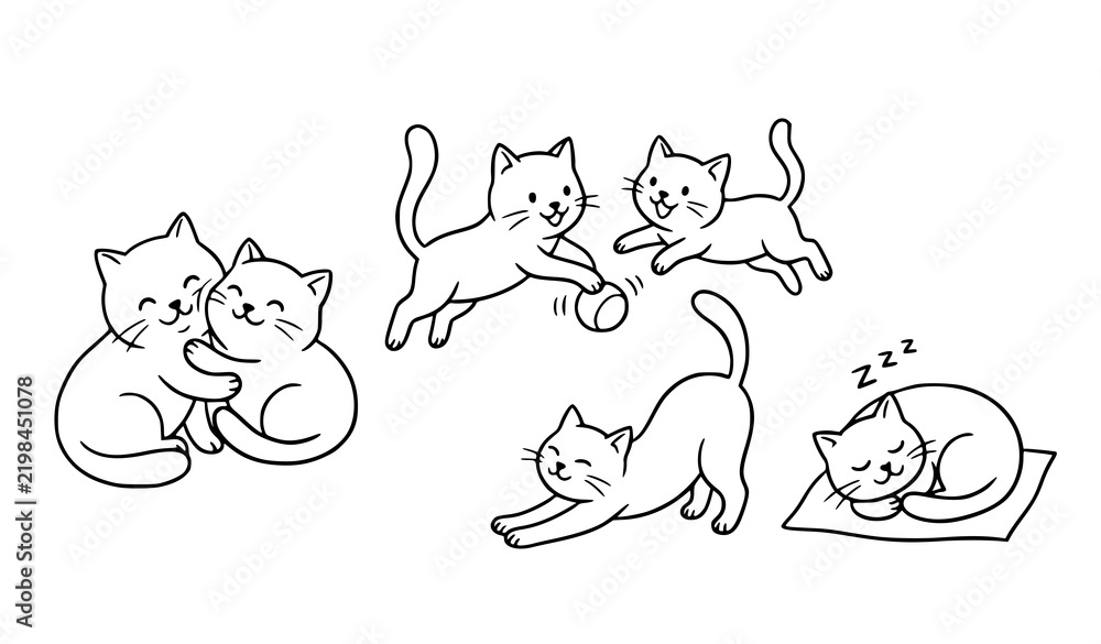 Fototapeta premium Cute Cats Playing Cuddling and Sleeping Kids Vector Illustration Set