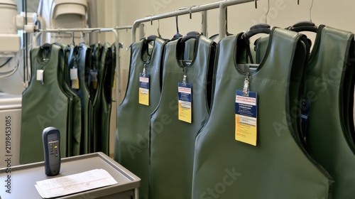 Lead apron radiology safety rack with hanging protective aprons for medical clinic background and design layout