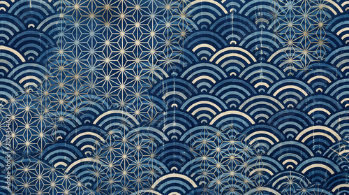 Traditional Japanese blue wave pattern with geometric gold accents