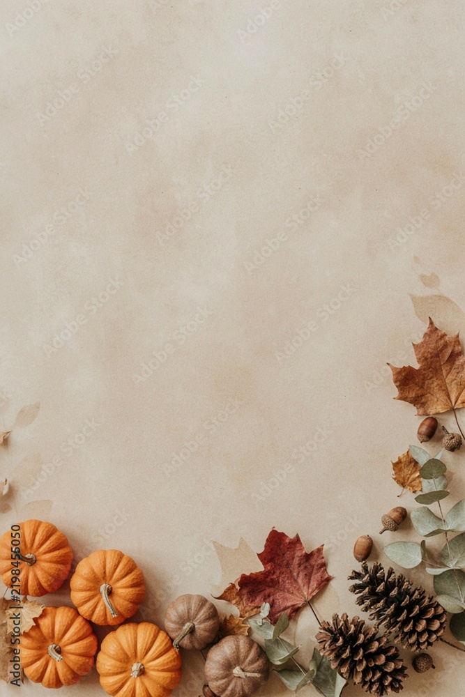 Fototapeta premium Halloween frame with autumn decorations surrounding a blank center, suitable for greeting cards, advertising, promotional layouts, posters, and seasonal content.