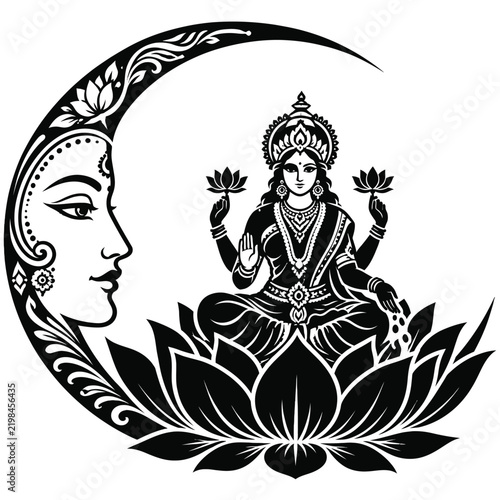 Mata Lakshmi seated inside a giant lotus-shaped moon