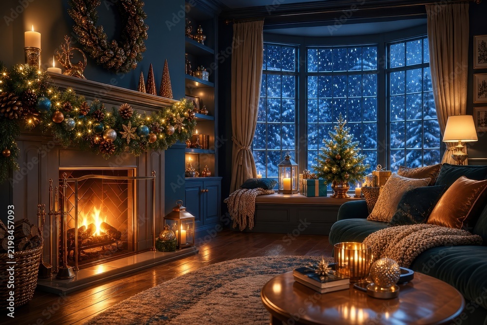 Obraz premium Cozy Christmas living room with fireplace and glowing tree