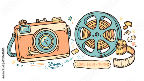 Retro film camera and movie reel vector illustration - photography concept
