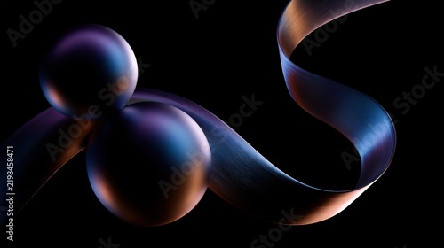 Abstract metallic spheres and a flowing ribbon create a modern 3D composition with soft blue and purple lighting. Ideal for futuristic technology and design backgrounds.