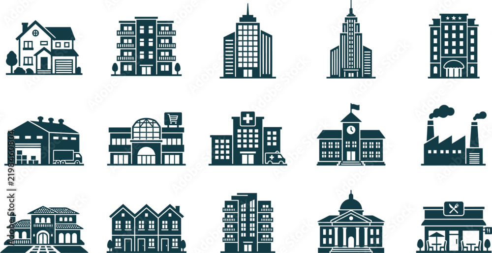 Fototapeta premium A diverse collection of architectural building styles including residential houses modern apartments and towering skyscrapers presented in a clean flat vector illustration style