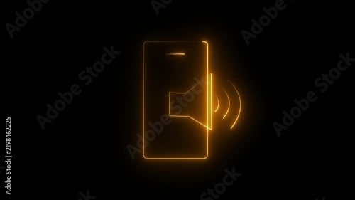 Glowing neon icon of a smartphone displaying an active speaker emblem with expanding soundwaves emanating from the side against a black background. 