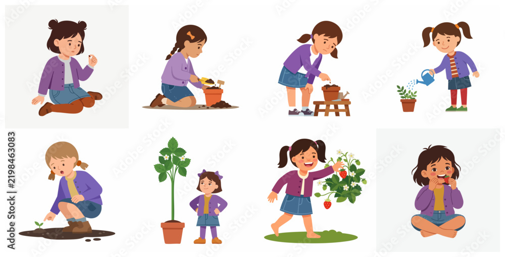 Fototapeta premium Little girl gardening set showing planting, watering, and harvesting strawberries cartoon illustration