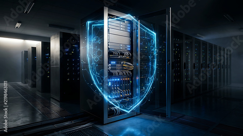 Data center security shield digital protection concept server room hardware