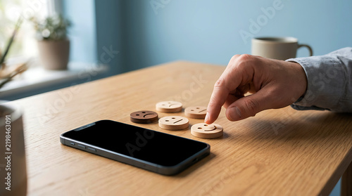 Customer feedback rating with smiley wooden icon and mobile phone on desk