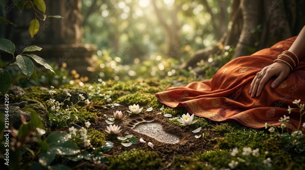 Obraz premium Siddhartha Gautama origin: nature worship, sacred footprint, divine birth, blooming lotus, ancient tradition, spiritual peace, forest setting, serene morning.
