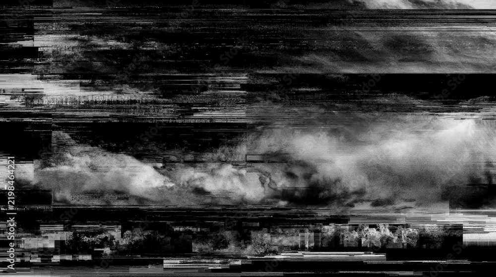 Obraz premium Abstract digital glitch art with black and white monochrome noise texture. Perfect for sci-fi backgrounds or technical error concept designs.