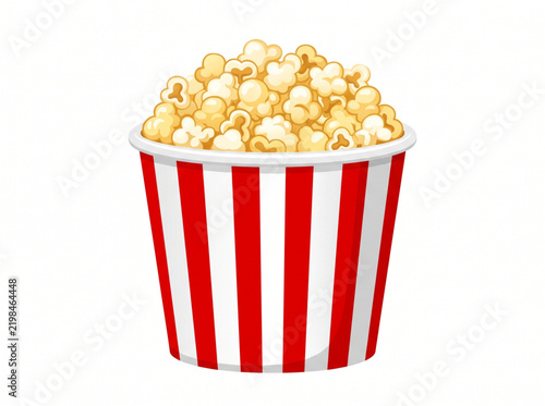 Popcorn in a red and white striped bucket on a white background