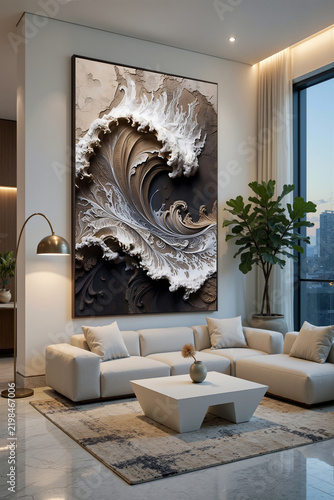Modern living room with large wave artwork and city view