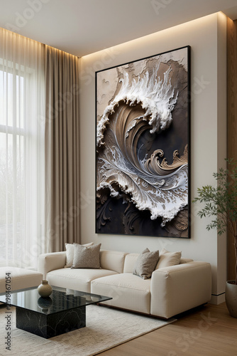 Modern living room with large wall art depicting wave design and natural light