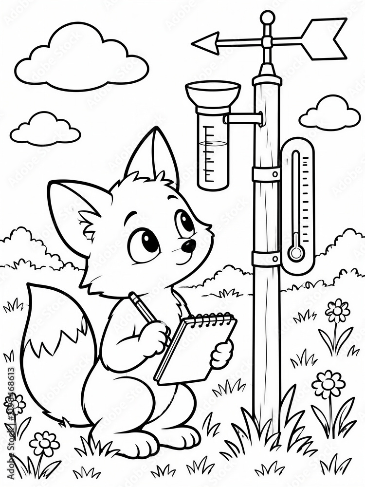 Fototapeta premium Cute cartoon fox meteorologist recording weather data at station, kids educational science activity book coloring page vector