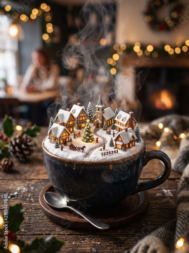 Surreal photorealistic Christmas scene inside a ceramic coffee cup, tiny snowy Christmas village emerging from steaming hot coffee 