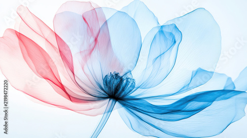 Ethereal flower design with flowing red and blue petals, creating delicate and artistic appearance. soft colors blend beautifully, evoking sense